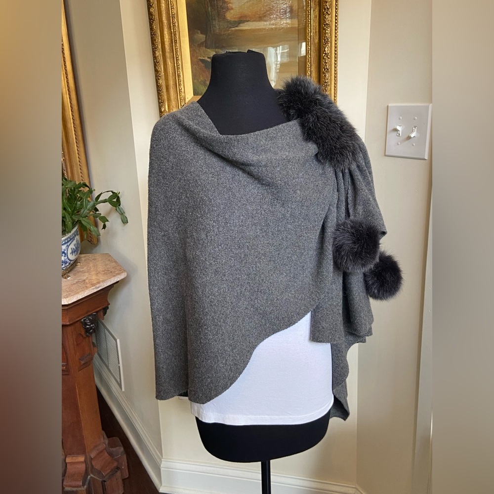 Striking Grey Wrap / Open Front Shawl with Fur Details